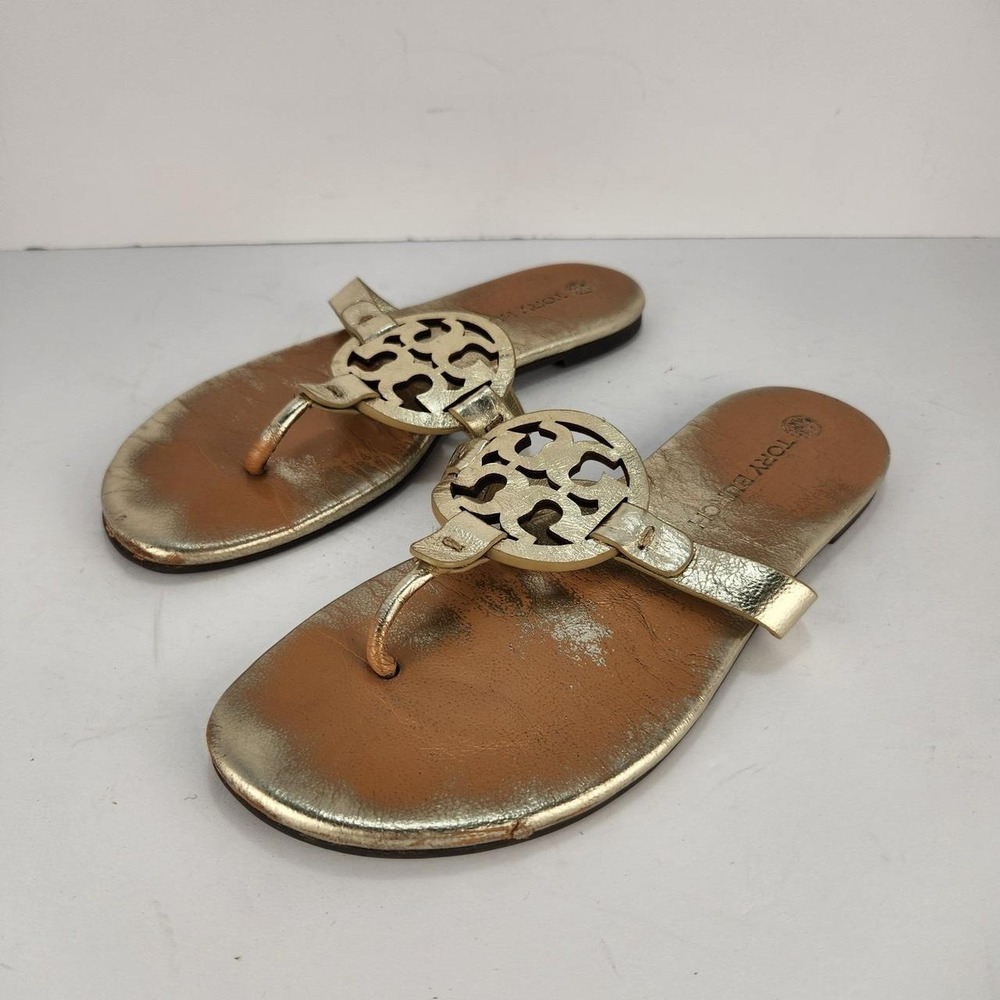 Tory Burch Miller Women's Size 7 Gold Metallic Logo Medallion Thong Sandals